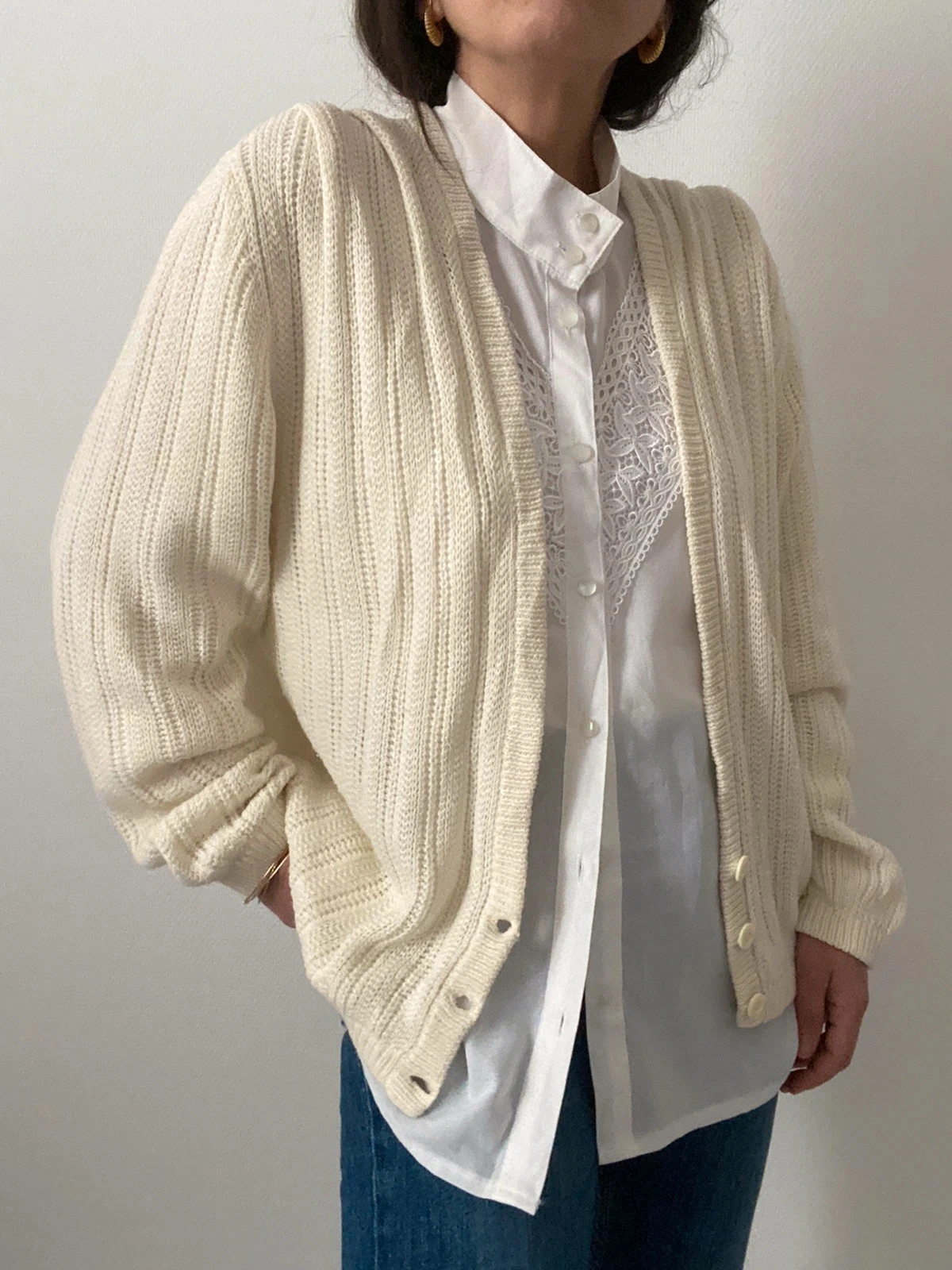 🌺 Cardigan Vintage cru com gola alta – photo 5